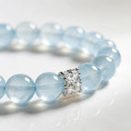 Cropped left-side half view of the coastal elegance blue aquamarine gemstone bracelet on a pure white background.