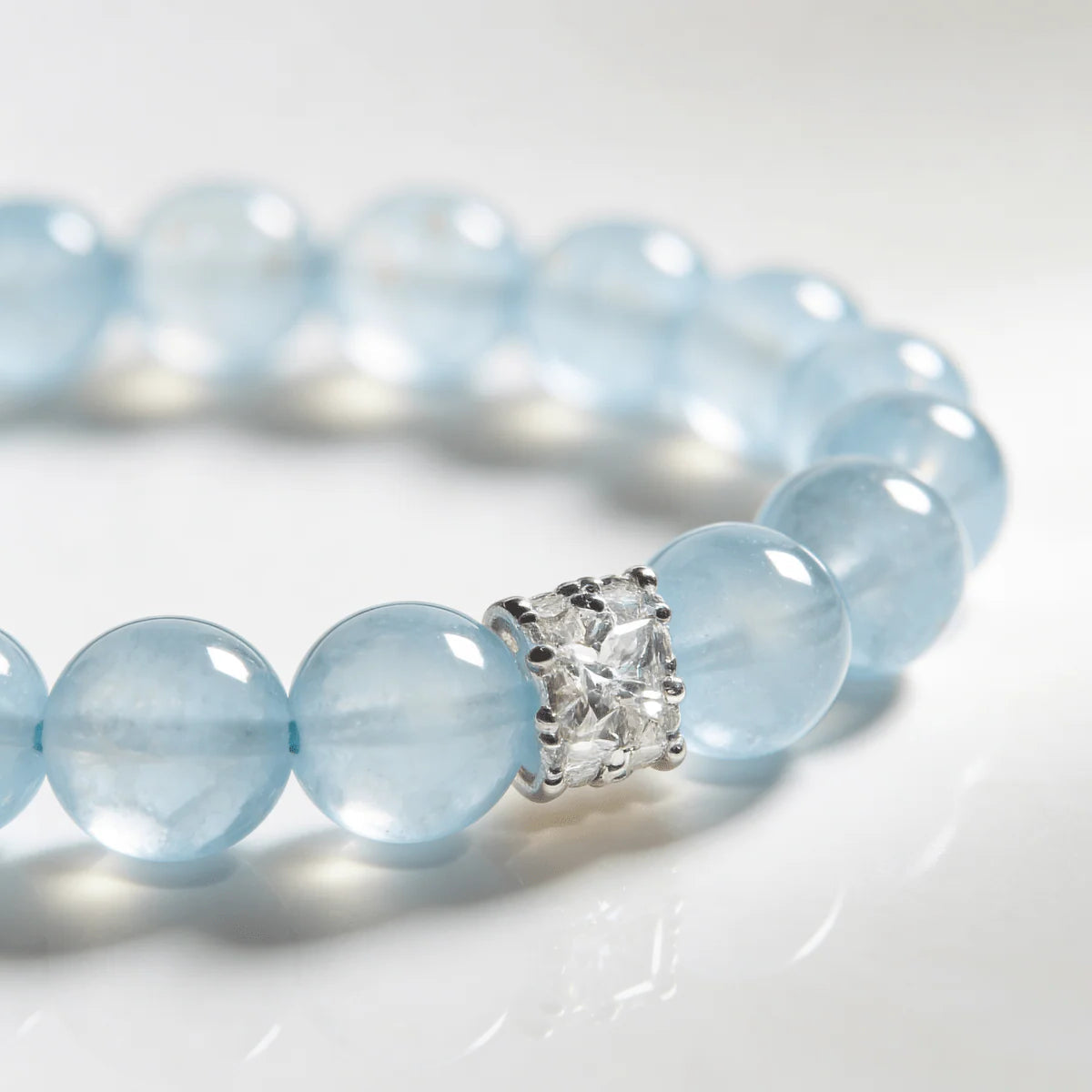 Cropped left-side half view of the coastal elegance blue aquamarine gemstone bracelet on a pure white background.
