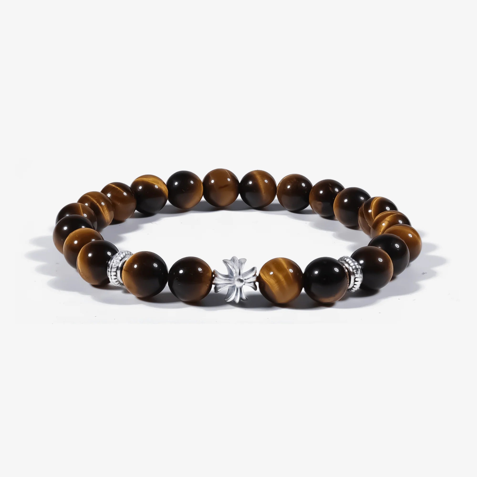 Studio product shot of Guardian Tiger's Eye Cross Bracelet isolated on a clean white background.