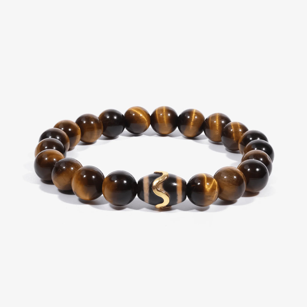 Studio product shot of Kailash Tiger's Eye Dzi Bracelet isolated on a clean white background.
