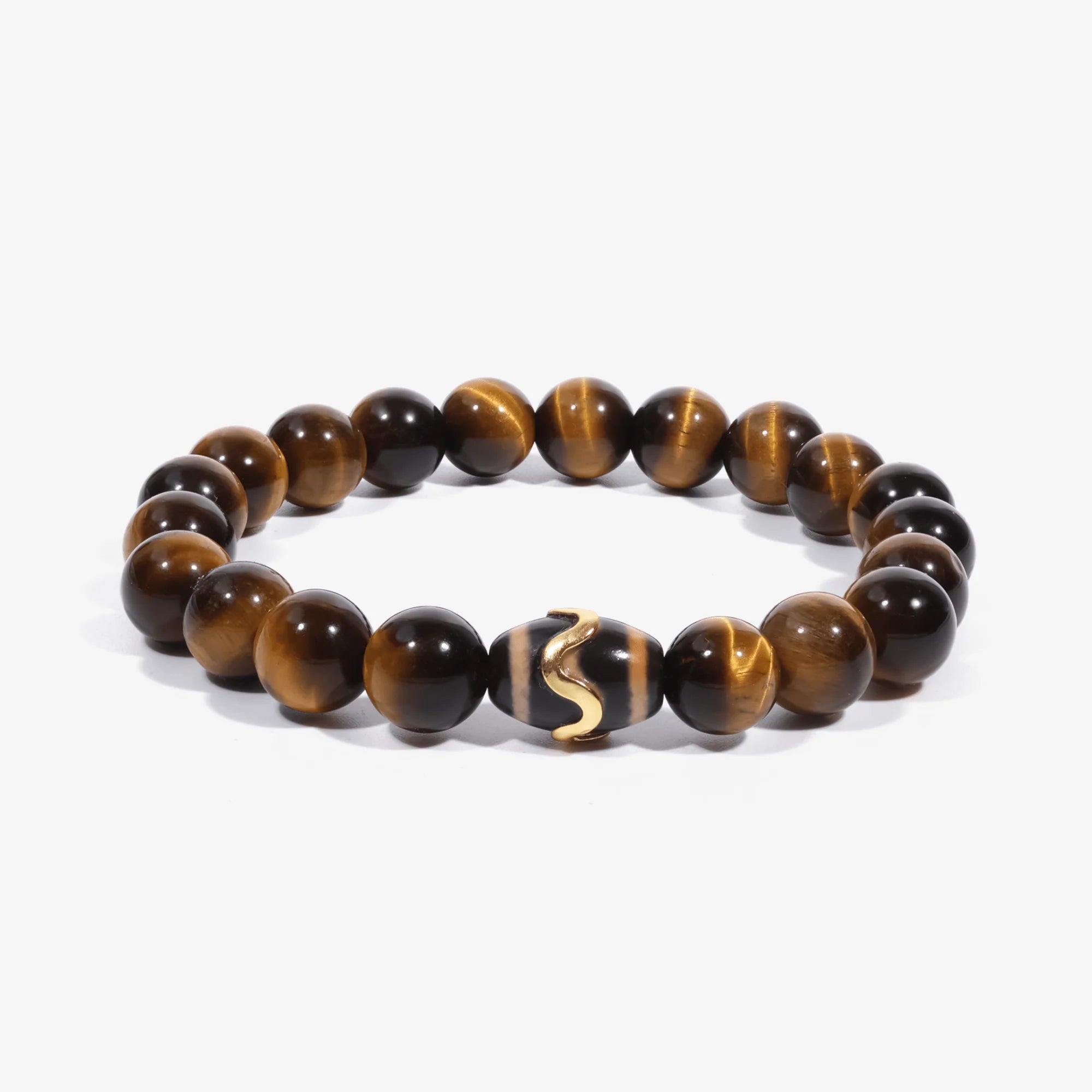 Studio product shot of Kailash Tiger's Eye Dzi Bracelet isolated on a clean white background.