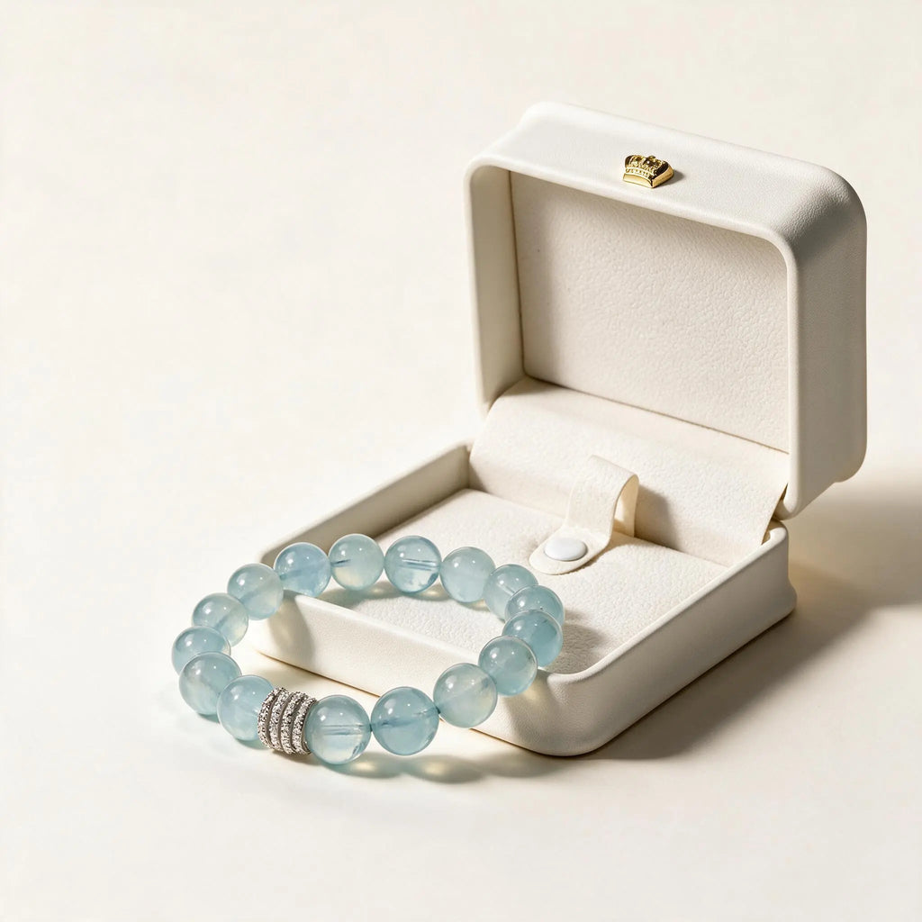 Front close-up view from abdomen to hips showing a female left hand resting naturally downward with a blue crystal bracelet.