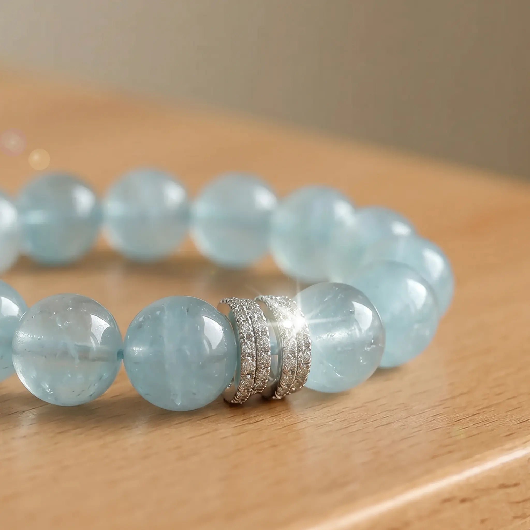 Cropped left-side half view of the ocean blue aquamarine crystal bracelet on a rustic wooden table surface.