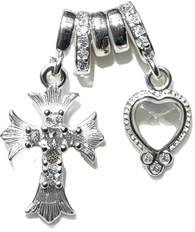 silver-Plated Zirconia Cross & Heart Dangle Spacer